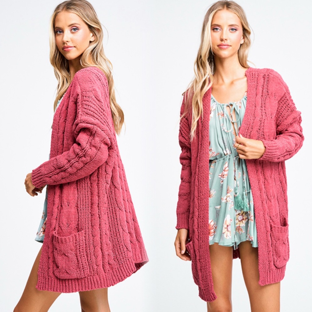 Cozy Soft Rose Pink Cable Knit Chenille Cardigan - Picture 8 of 12